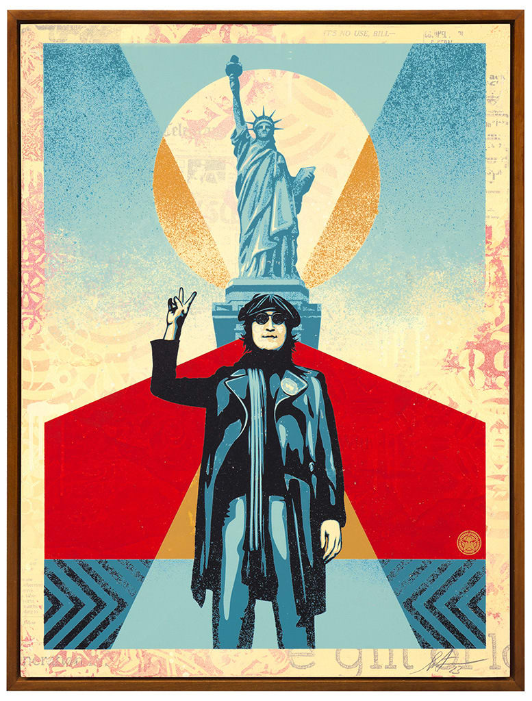 image of john lennon standing holding a peace sign in front of the statue of liberty highlighted by a goldish yellow circle with a blue and red background