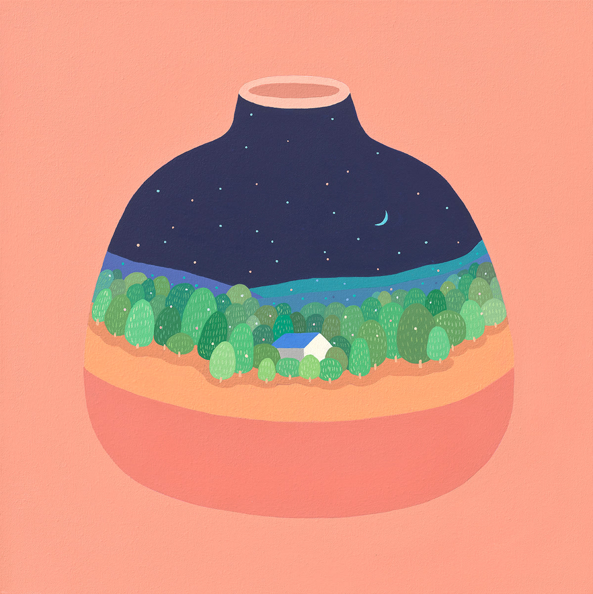 nigh time scene of a house in the forest contained in a vase over a pink background