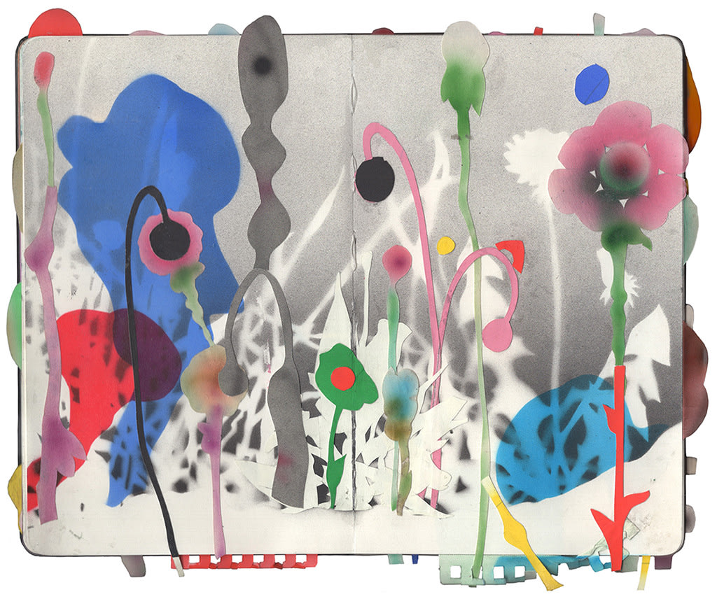 abstract multicolor organic collage on an open face Moleskine notebook by artist Lee Piechocki