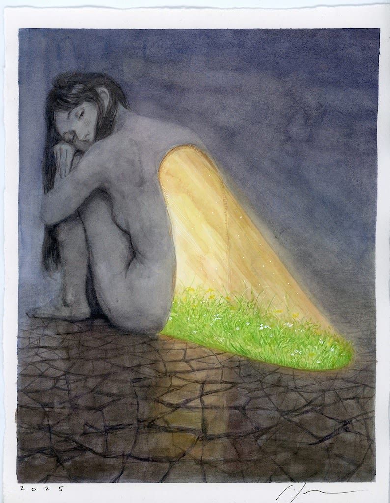 Painting of nude crouching woman with light coming out of her back