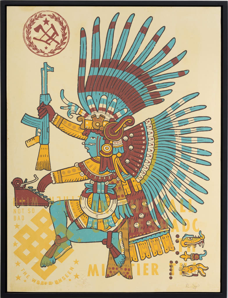 Painting by Ravi Zupa featuring Aztec figure holding an assault rifle while using a typewriter