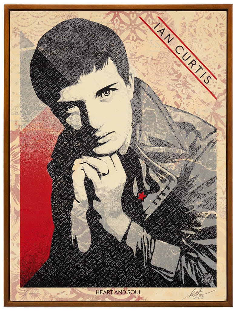 image of ian curtis on a beige background with red and blue highlights