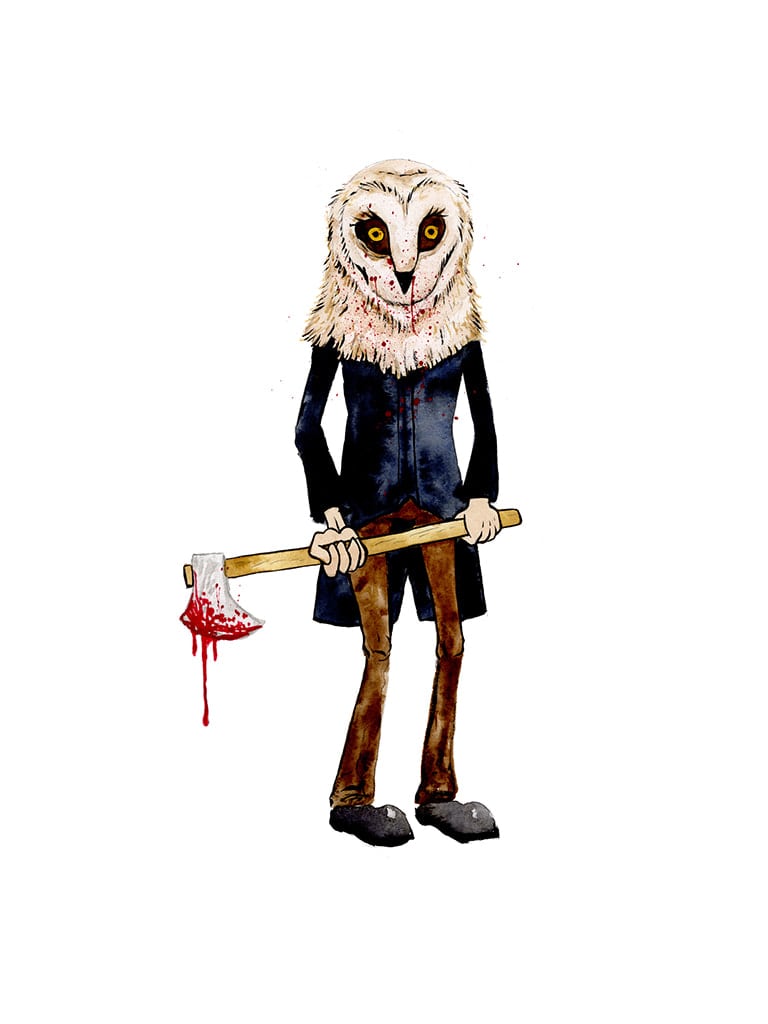 Painting by Alex Pardee of a man with an owl head over his head and he is holding a bloody axe