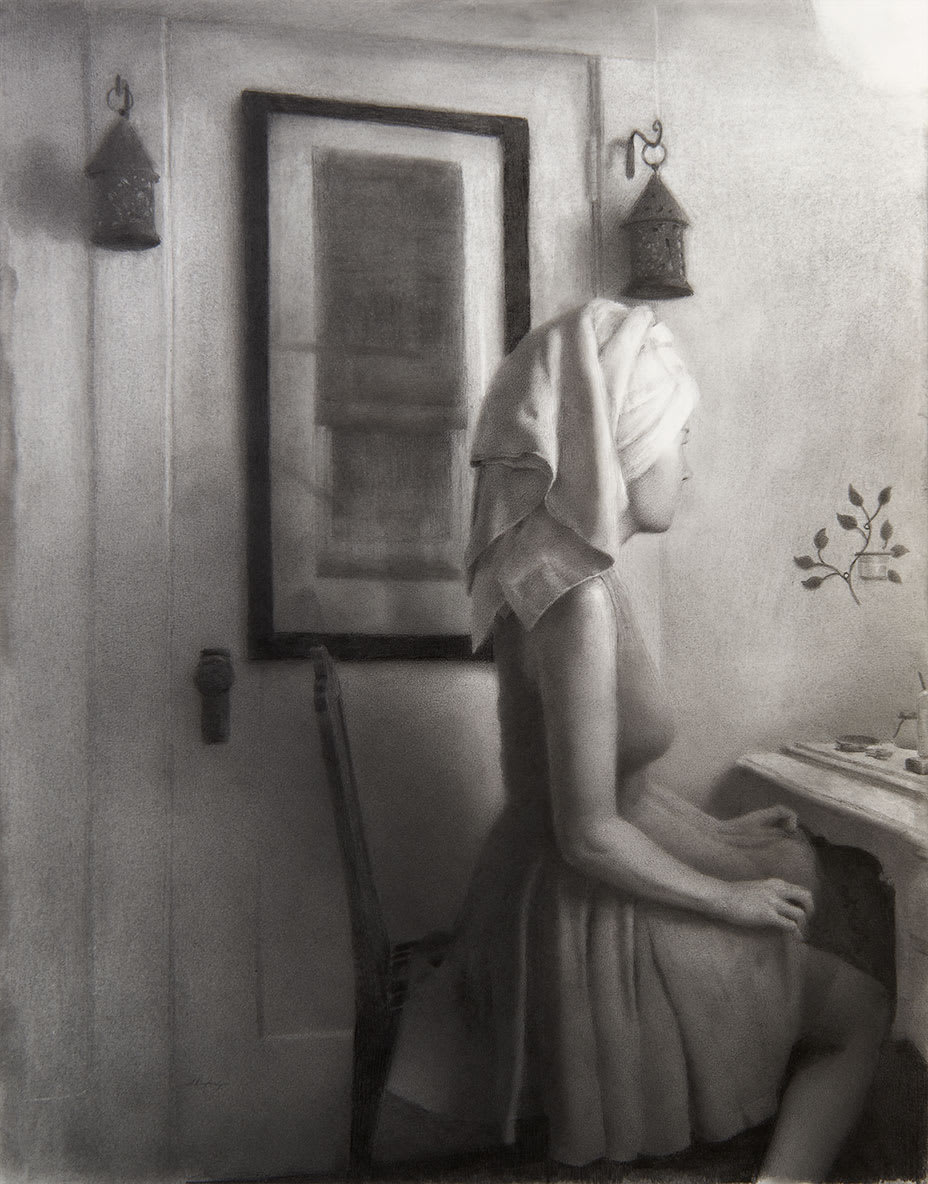 Drawing of a woman with a towel over her hair by Zachary Oldenkamp