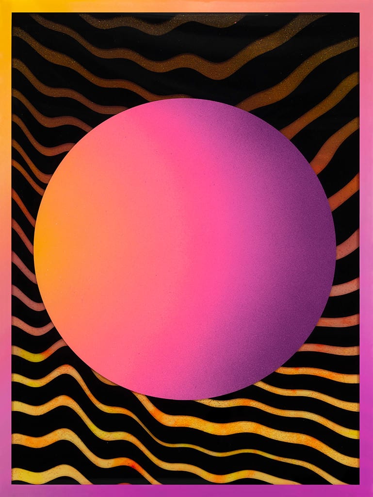 Rachel Strum - paint and resin piece, abstract gradient shapes in yellow, orange, pink and black with a gradient frame.