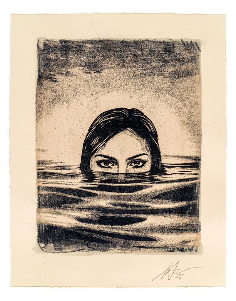 drawing of a woman with her head halfway below the surface of water