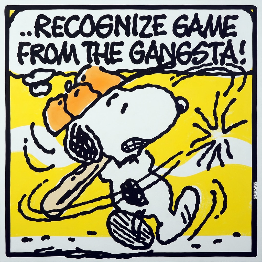 Mark Drew painting of Snoopy hitting a baseball