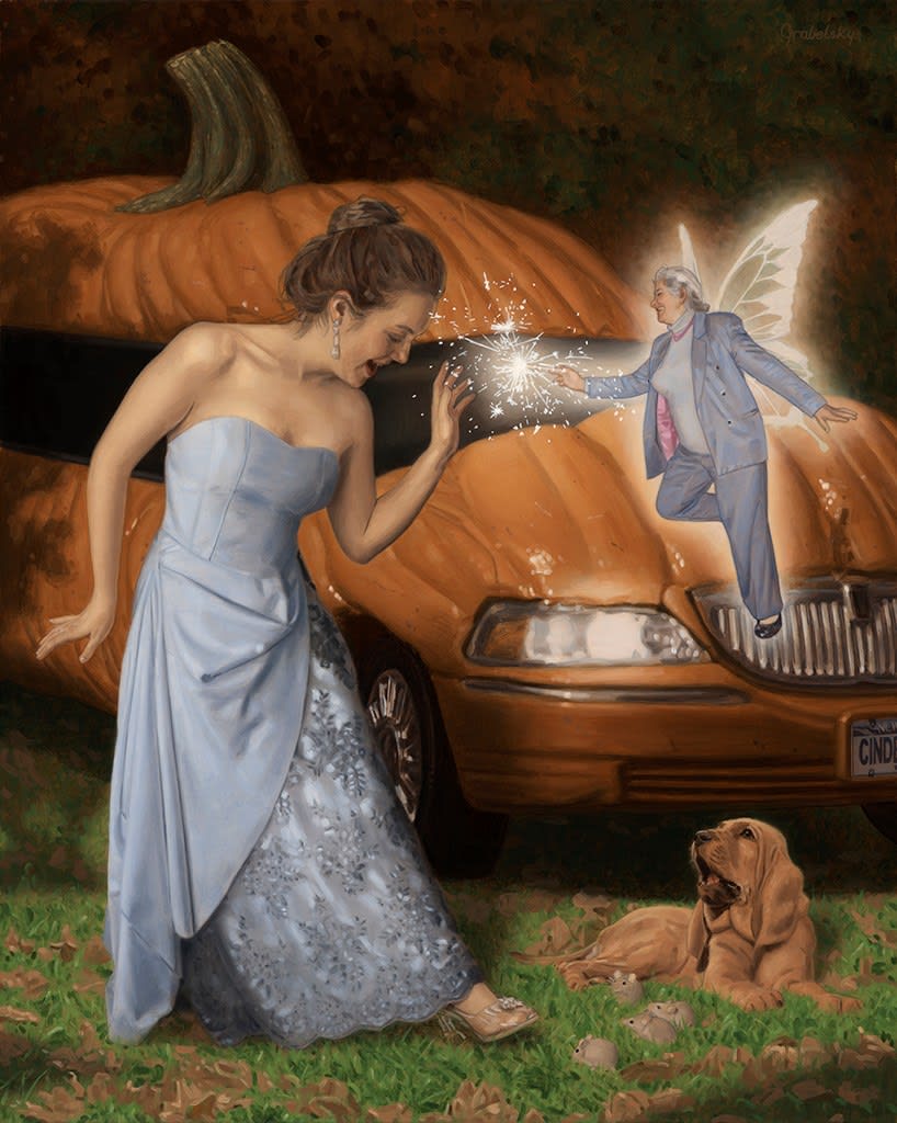Painting of princess Cinderella standing in front of a pumpkin shaped car