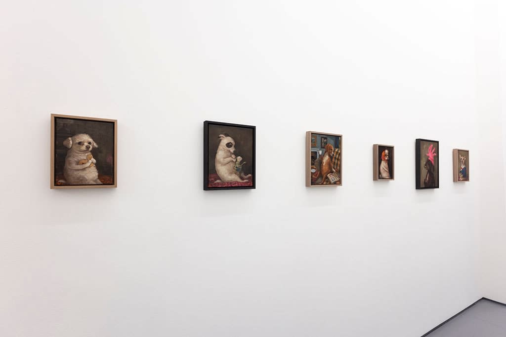 Install photo of Alison Friend's paintings hanging on a white wall