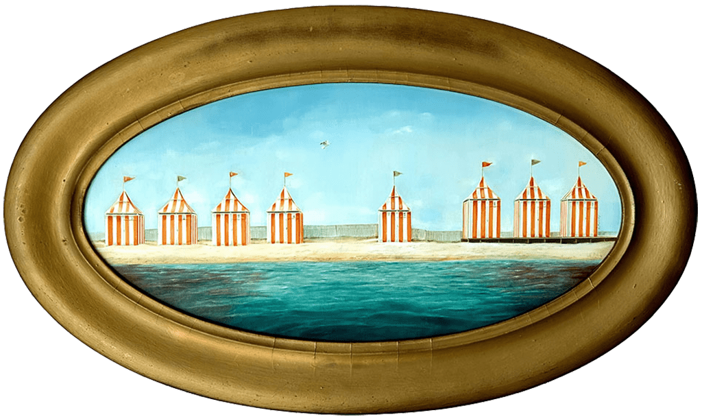 painting of a beach lined with striped tents