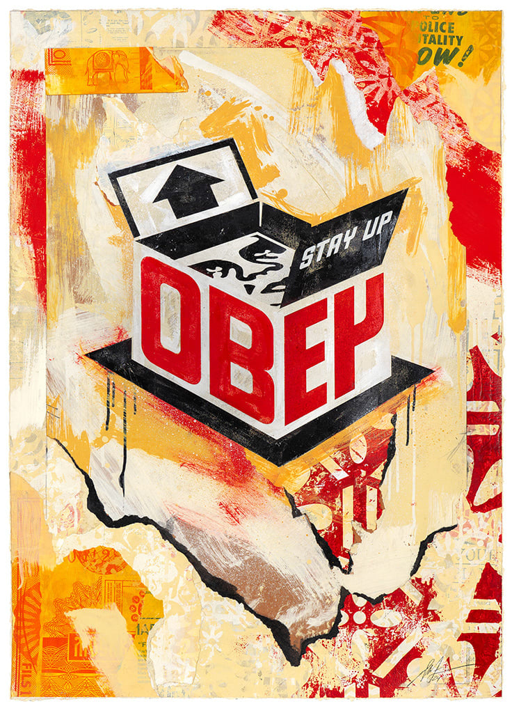 box with OBEY logo on an abstracted orange, beige, and red background