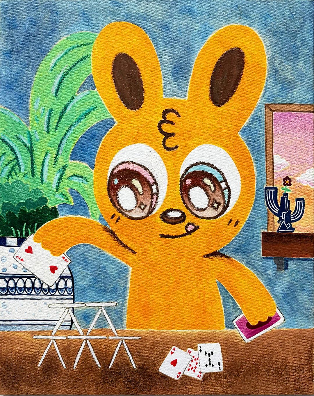 painting of cartoon bunny stacking playing cards