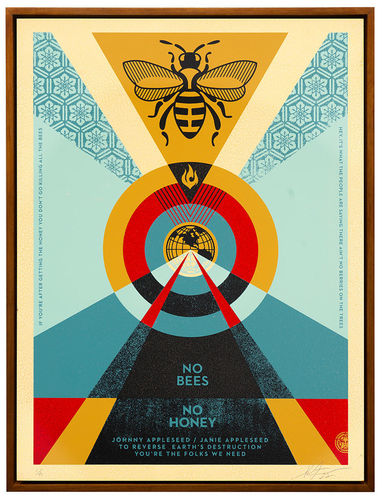 geometric collaged image with a black beee outline at the top, various color circles and text saying