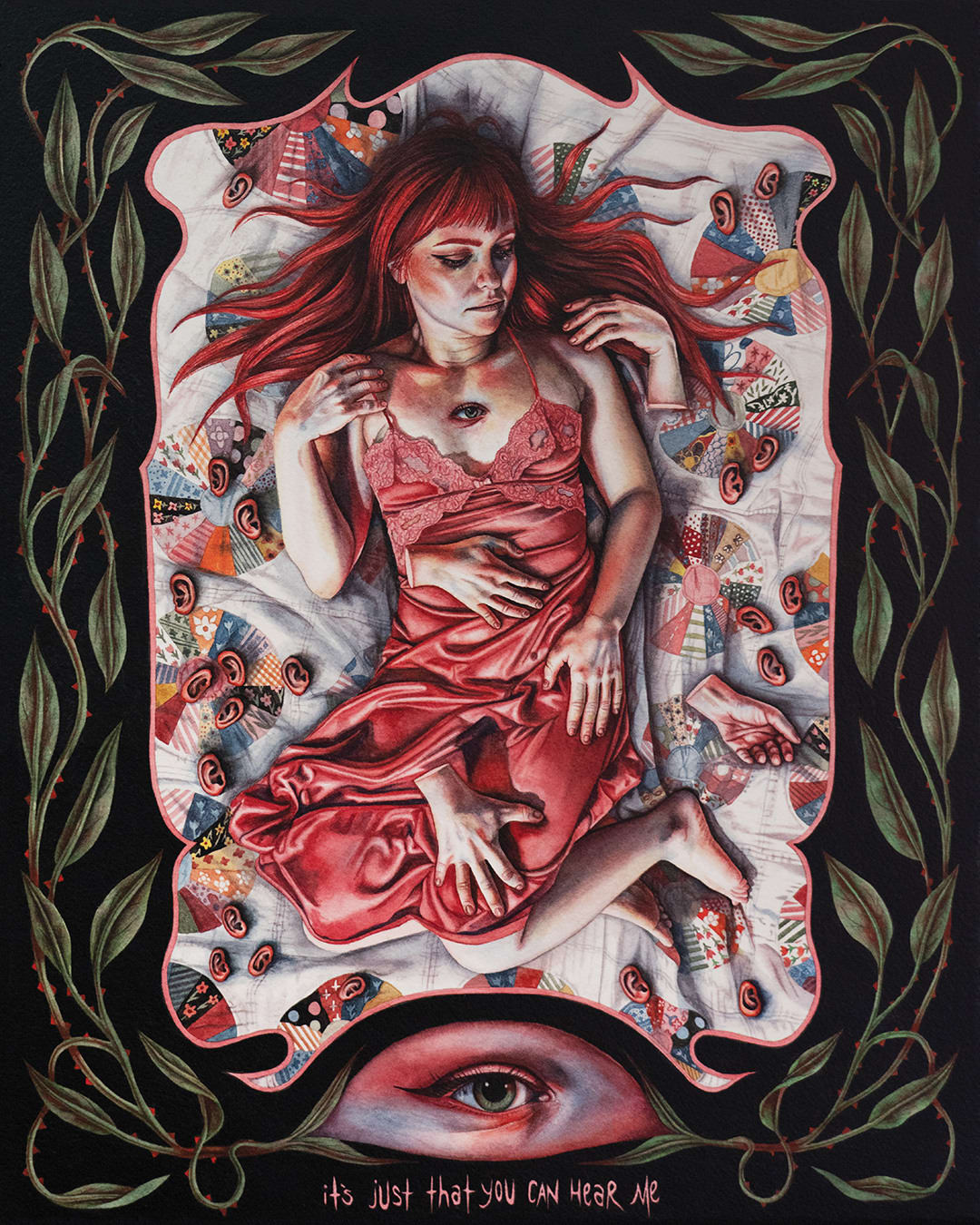 red haired girl laying a quilt surrounded by dismembered hands and ears