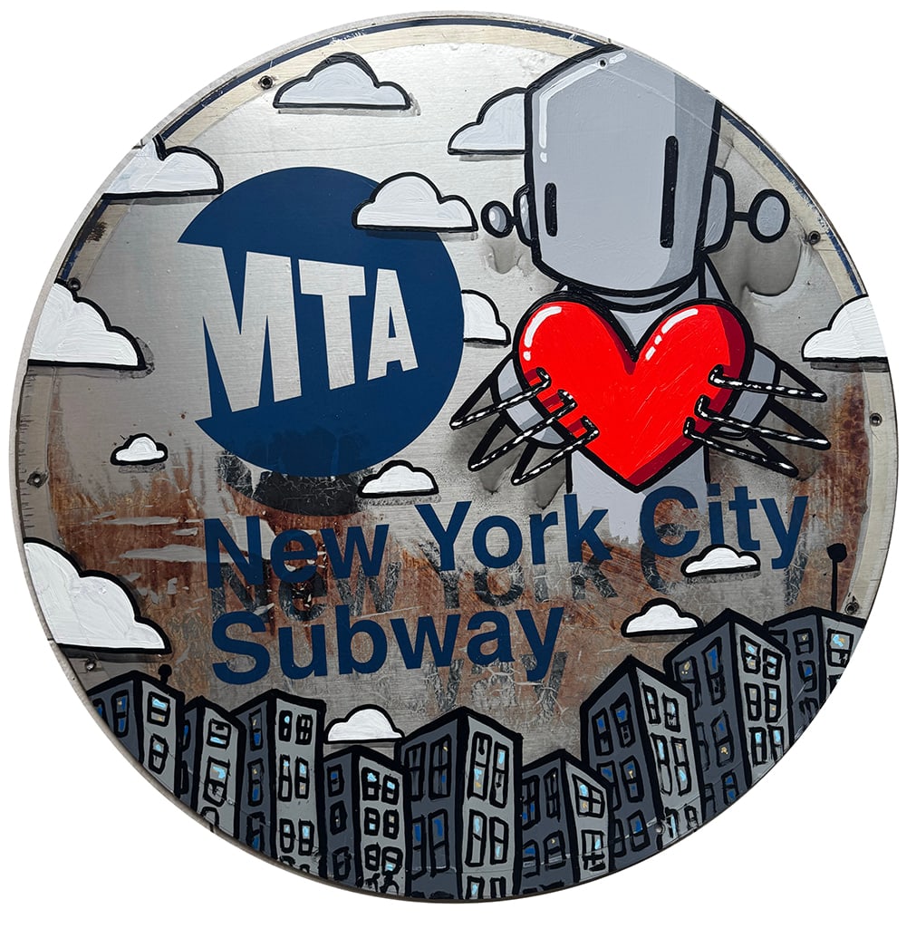 Painting of a robot holding a heart on an MTA subway train badge