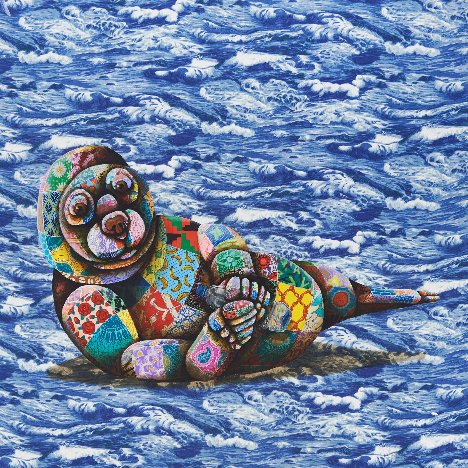 painting of a seal holding a plastic water bottle by Louis