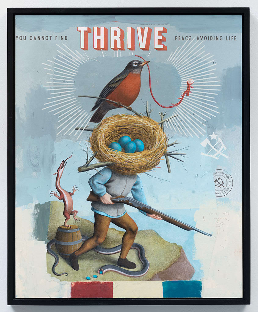 Painting of a man holding a rifle with a birds nest as his head by Ravi Zupa