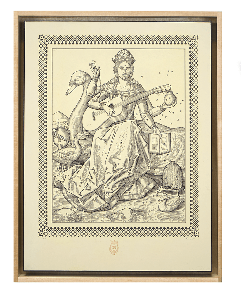 Drawing in the style of early European wood block by Ravi Zupa