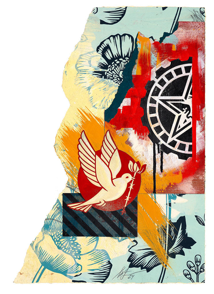 image of a flying dove with a brand collaged with flower patterns, stripes, and more