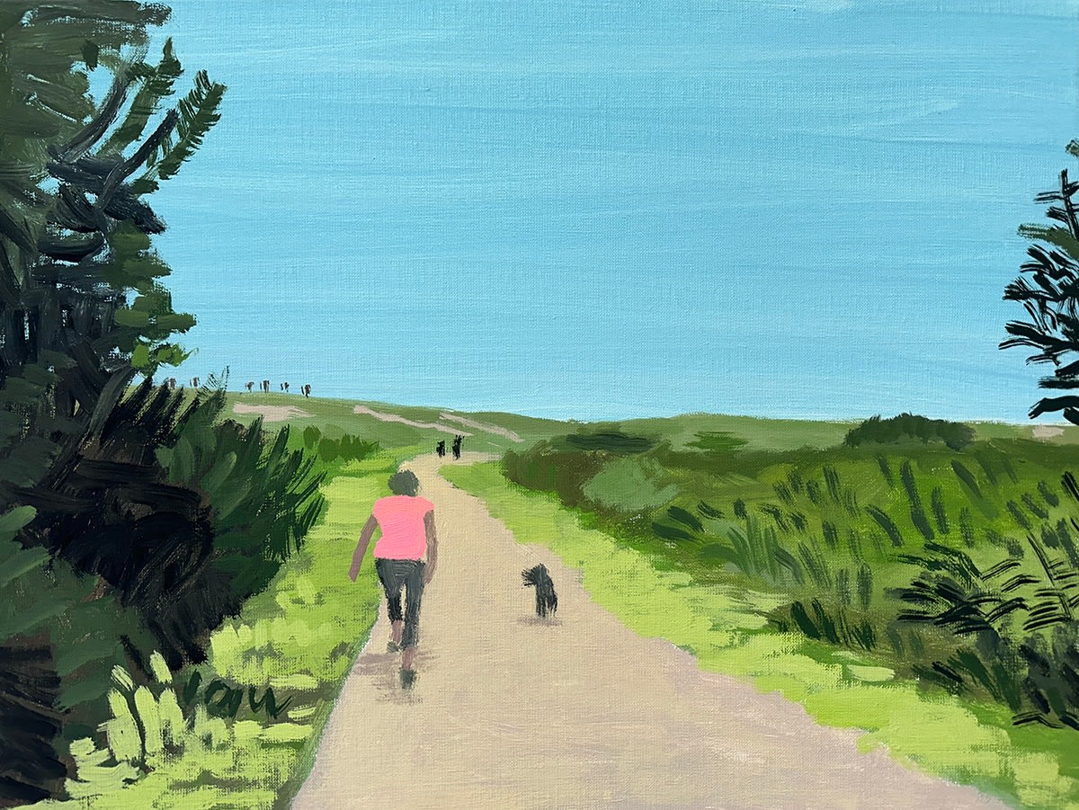 Jean Jullien minimal painting of person in pink tshirt walking with dog on path surrounded by trees and grass