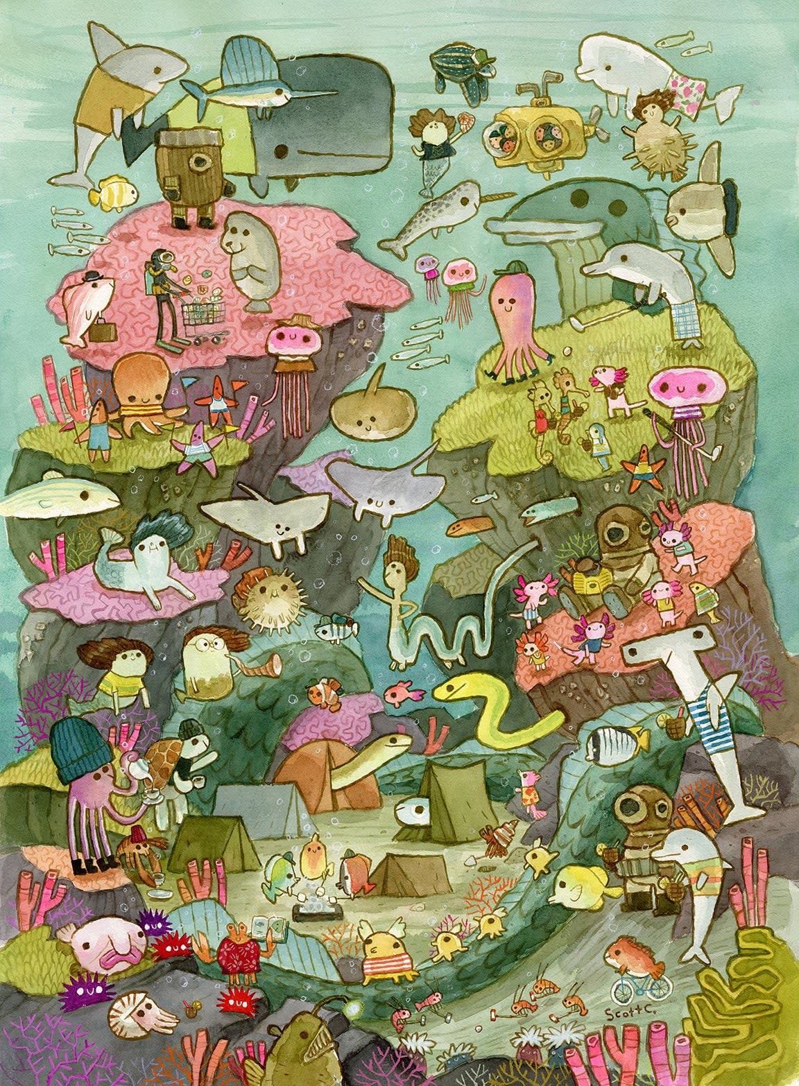 multiple different underwater sea creatures enjoying life
