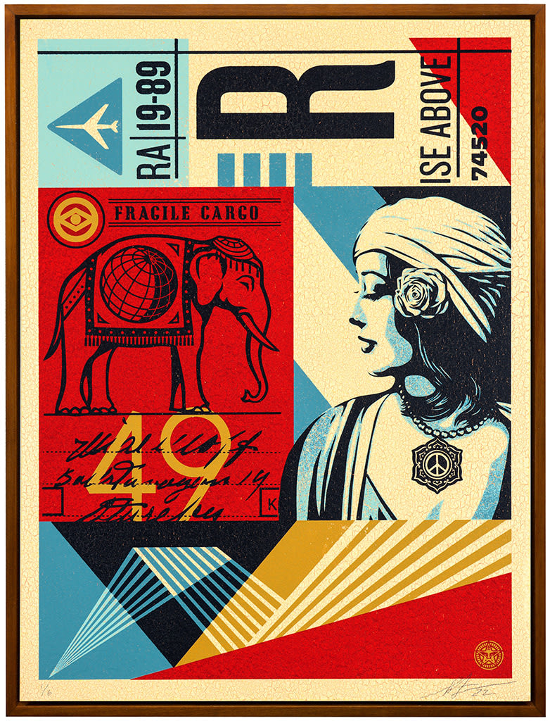 collaged image including a woman looking to the side, text, and elephant image and patterns in a red, blue, and beige palatte