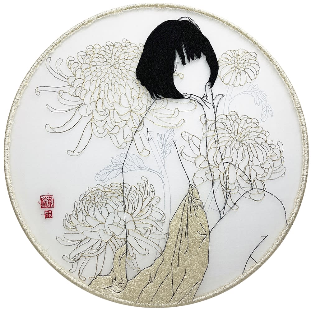 outline of a woman with embroidered flowers on top of her