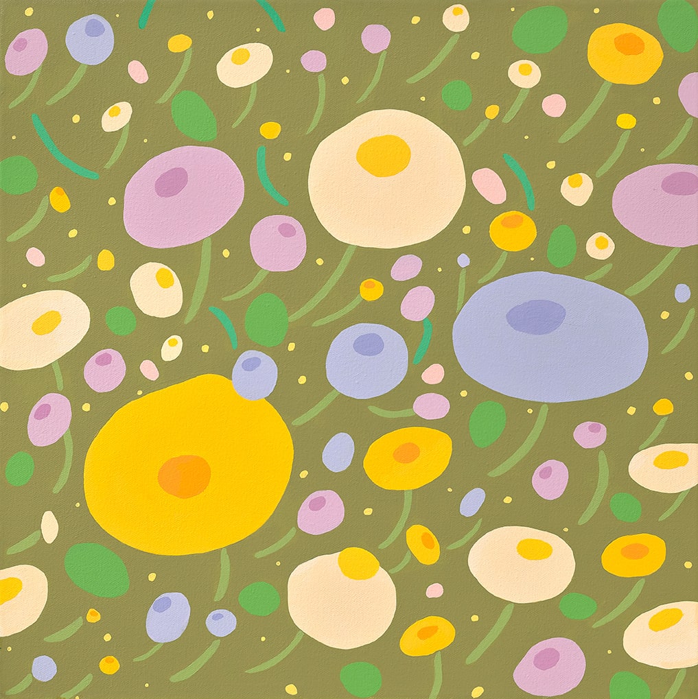 Danym Kwon - painting of flowers in shades of purple and yellow. the background is painted in pastel olive green.