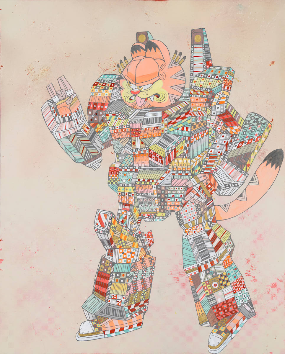 Ferris Plock painting of cartoon figure in multicolored and patterend costume against tan background