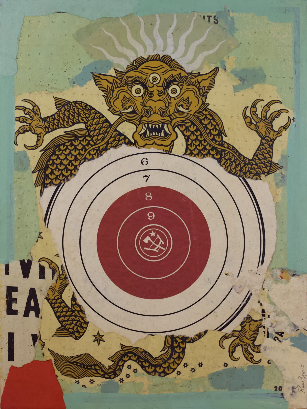 collage of torn up screen prints of religious and historical symbols
