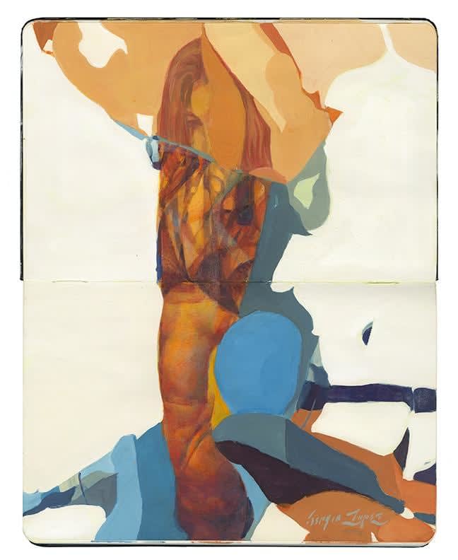Abstract painting of a figure covered by organic shapes of brown, blue and white
