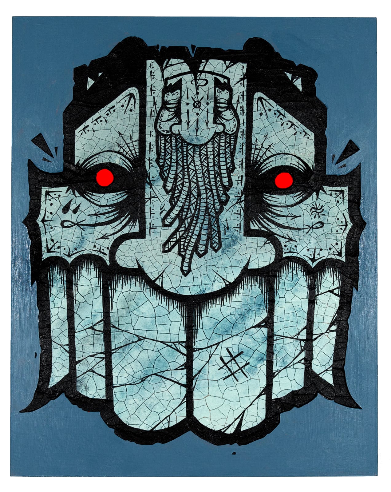 painting of light blue totemic mask on a dark blue background