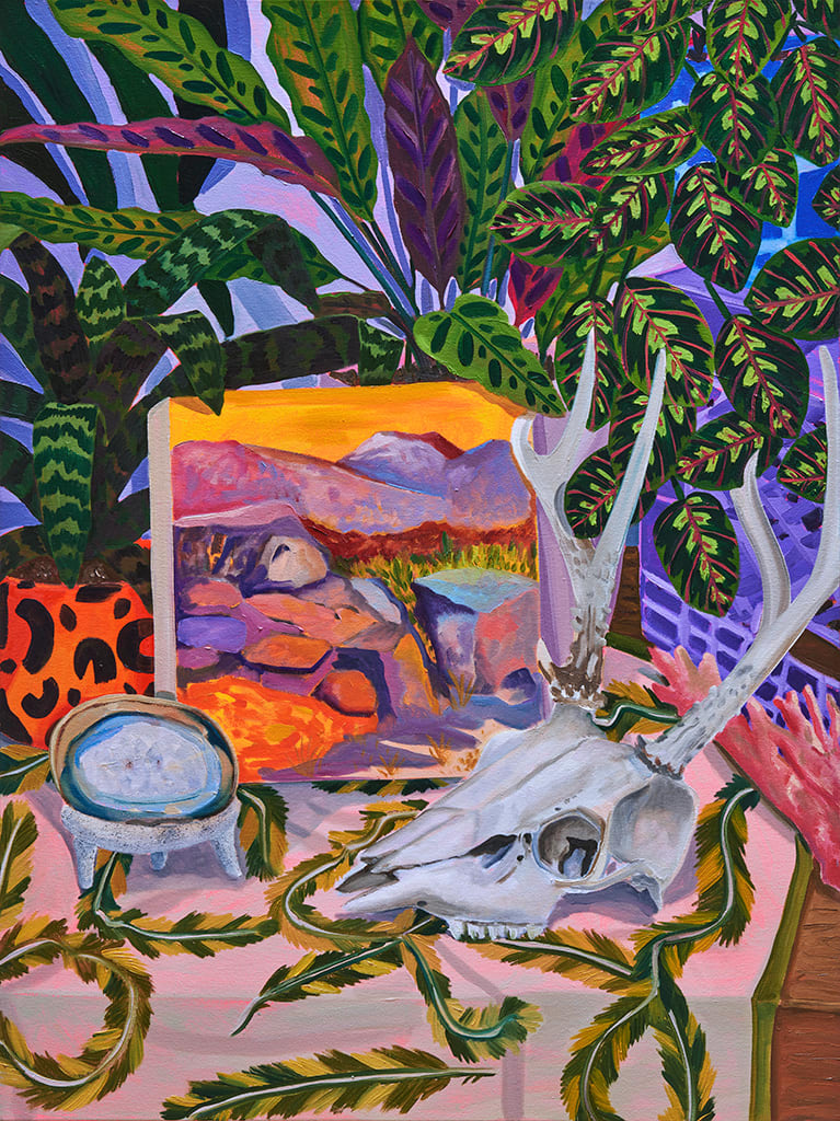 Anna Valdez painting of deer skull, landscape painting and plants