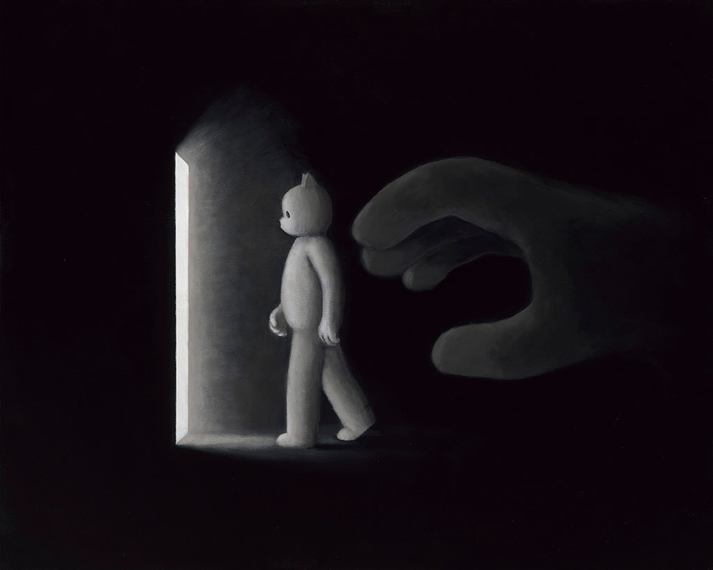black room with a white bear walking towards a door with light shining from it