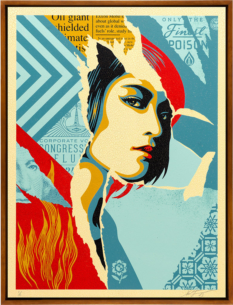 image of a womans face collaged with blue, yellow, and red patterns, images, and text