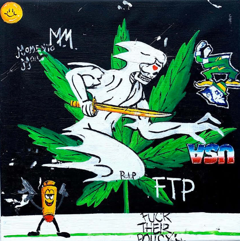 Painting of a skeleton holding a sword hovering over a marijuana leaf on a black background.