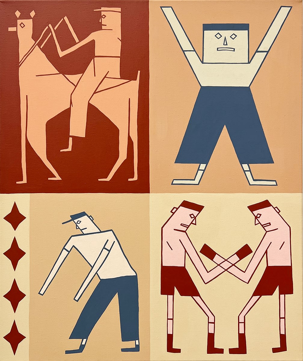 painting of angular cartoon figures in four boxes