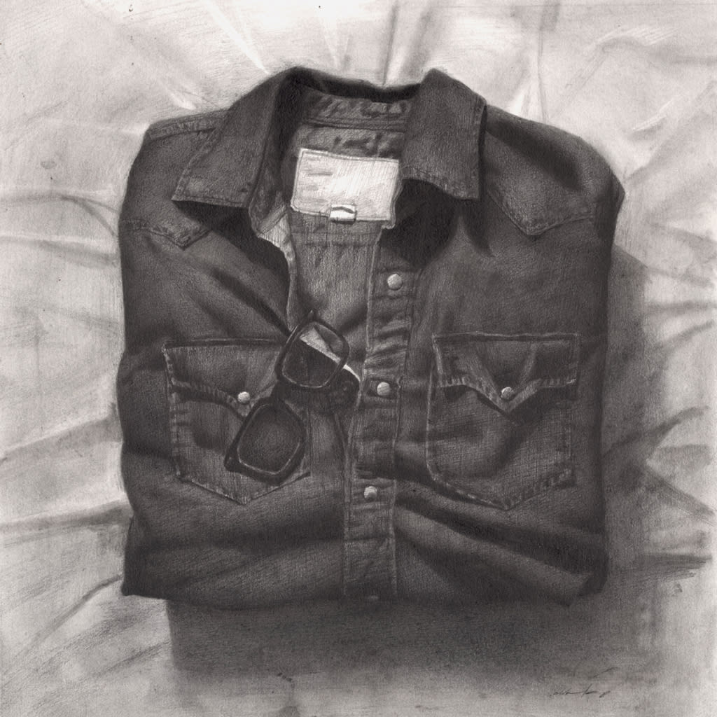 Drawing of a folded shirt with broken glasses laid on top of it by Zachary Oldenkamp