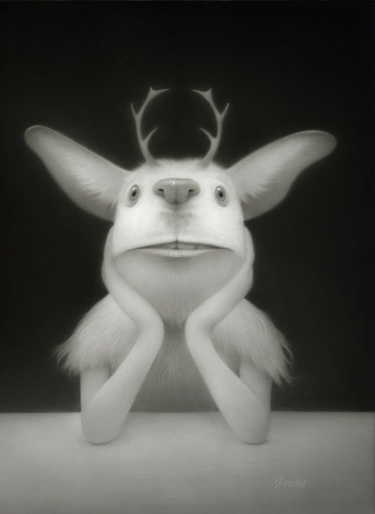 Painting of creature with big ears and antlers leaning its head on a table