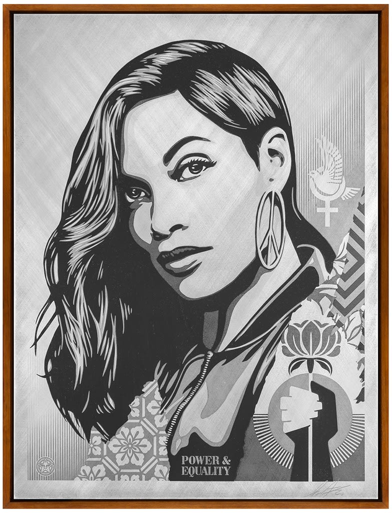 image of a woman in grey scaleoverlaid with various symbols including a dove, lotus flower, hand, and more