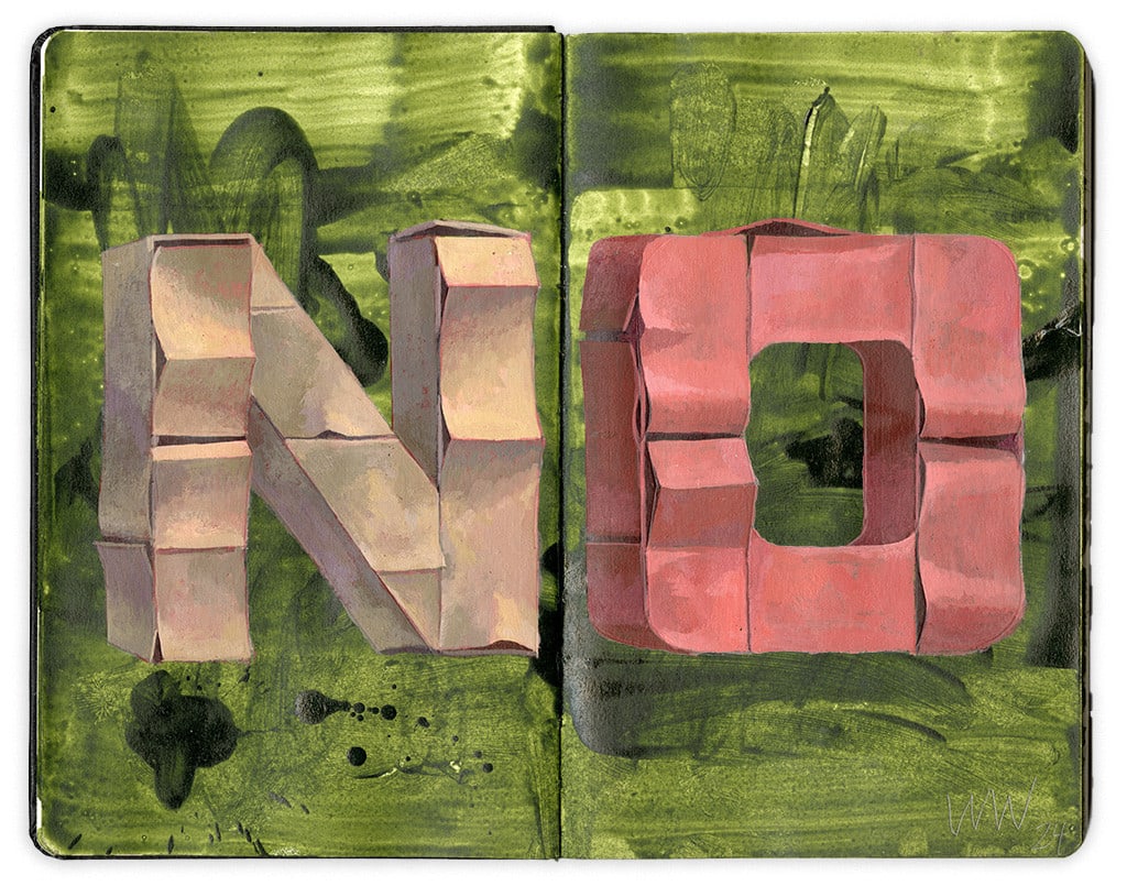 painting in an open face Moleskine notebook with block letters that say