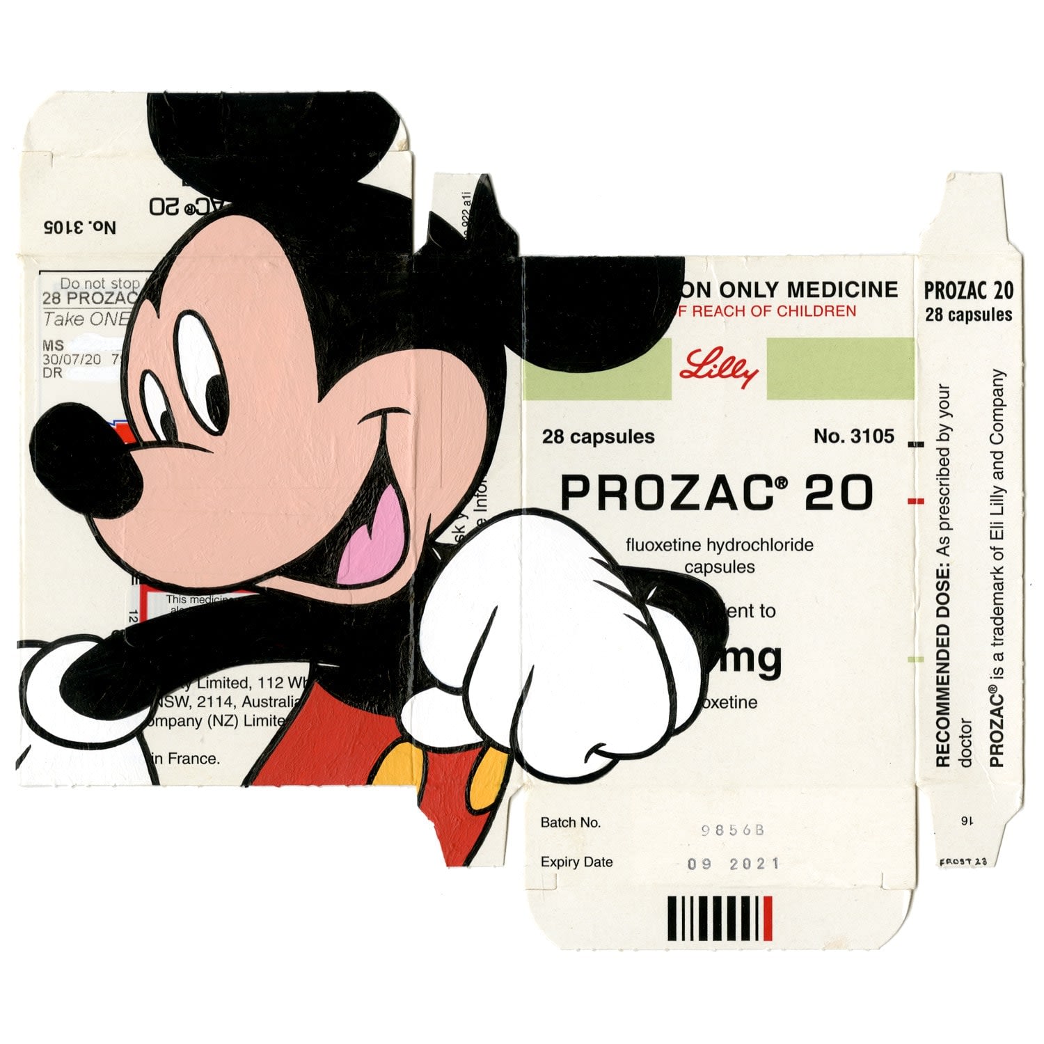 Cartoon character Mickey Mouse painted on prozac packaging