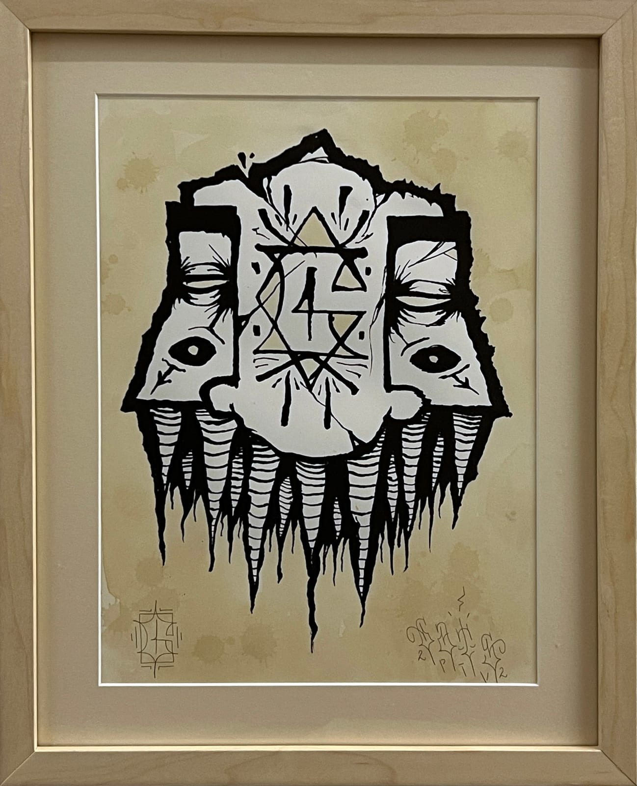 GATS drawing of a mask with sharp teeth over a beige background