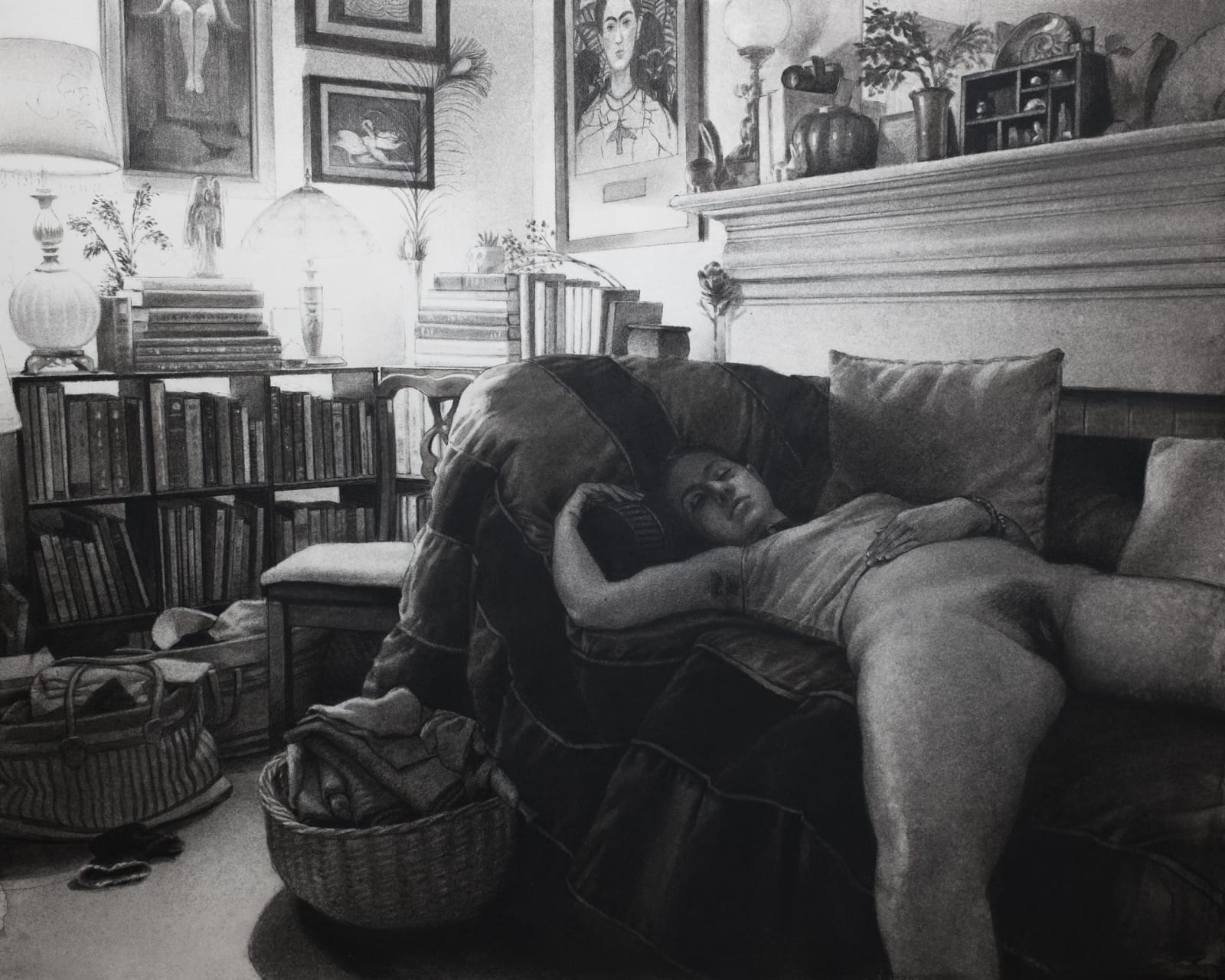 black and white painting of a woman who is nude from the waist down sleeping on a couch