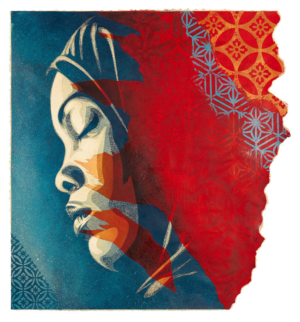side profile of a woman with her eyes closed with red patterned side bleeding into portrait
