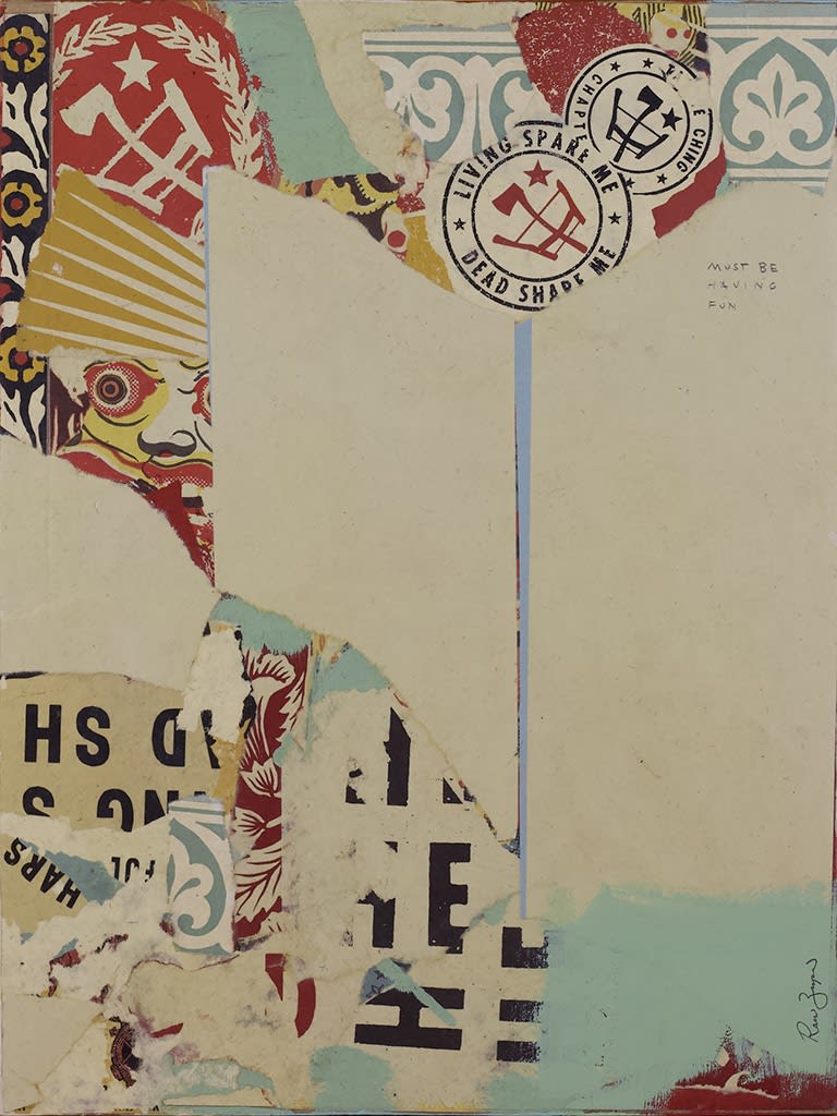 collage of torn up screen prints of religious and historical symbols
