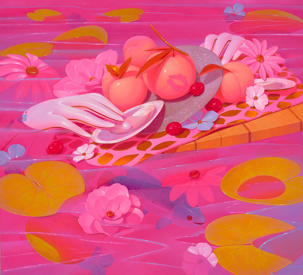 Megan Ellen MacDonald painting of fruits, oyster and flowers on plate floating in lily pond, porcelain hands floating up from water