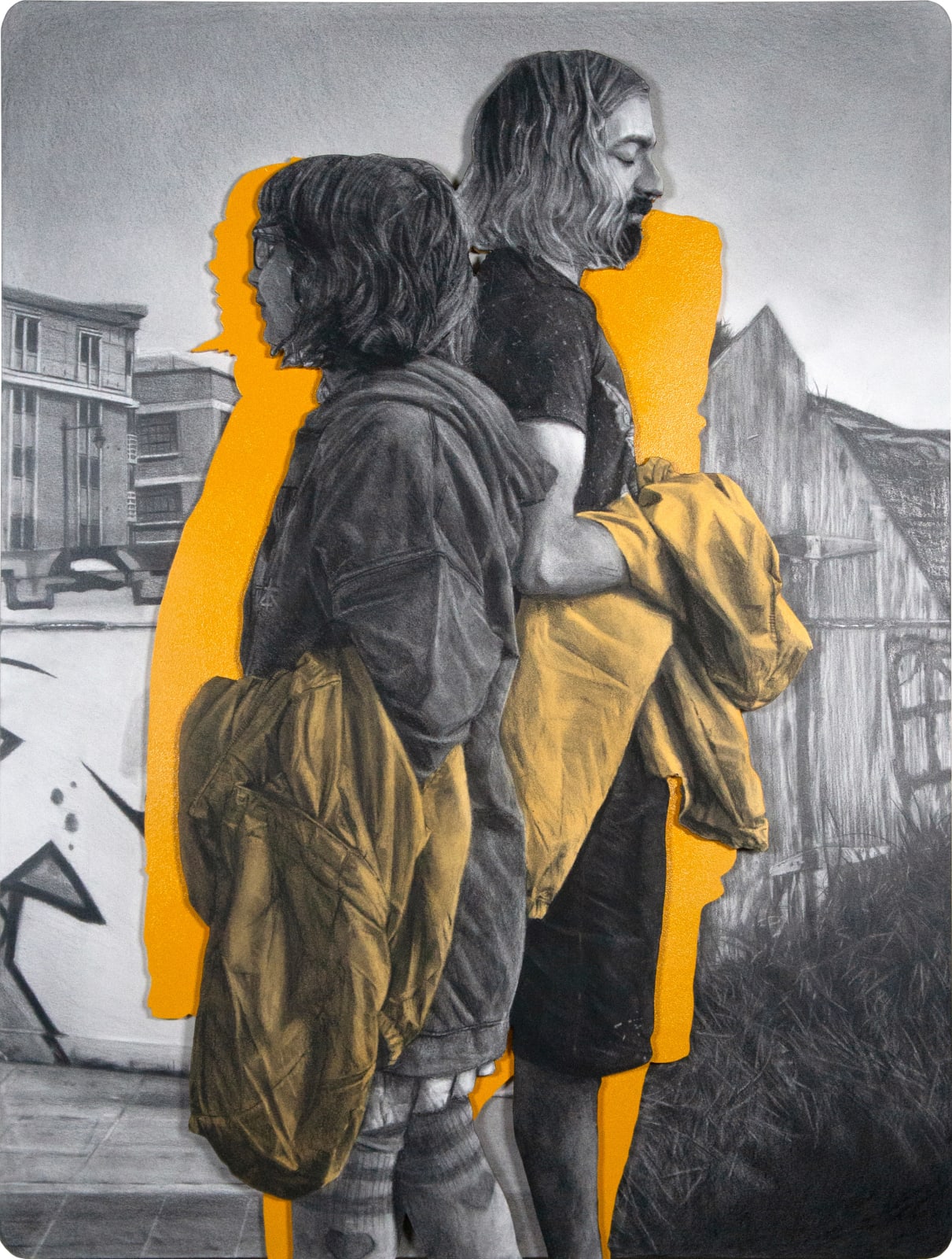 Drawing of a man and woman back to back holding yellow hoodies over their arms. On one side is a city scape and on the other is a wooden structure with tall grass.