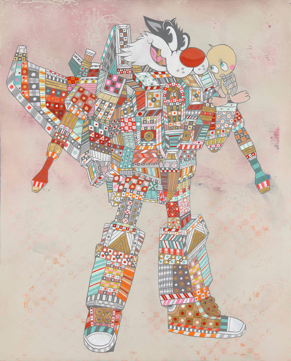 Ferris Plock painting of cartoon figure in multicolored and patterend costume against tan and red washed background