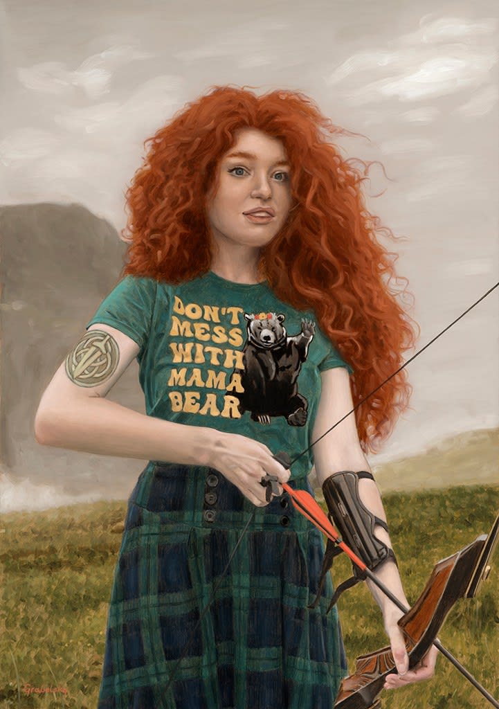 Painting of a woman in a meadow wearing green and holding a bow and arrow